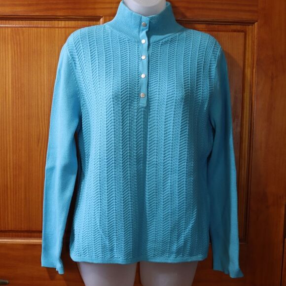 Liz Claiborne Villager XL 100% Cotton Teal Blue Henley Turtleneck Sweater - Picture 2 of 13